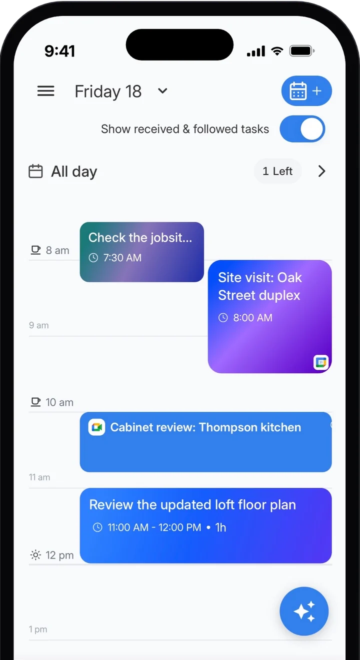 Agenda day view with tasks and Google Calendar meetings on one timeline