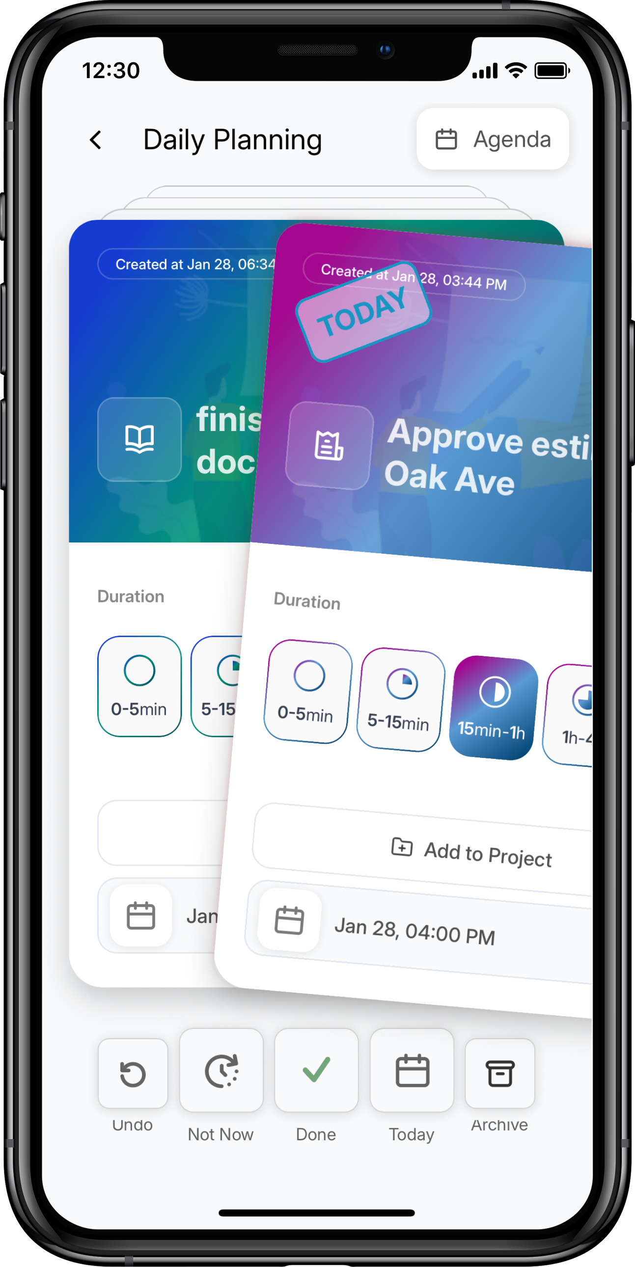 Daily Planning card with swipe actions