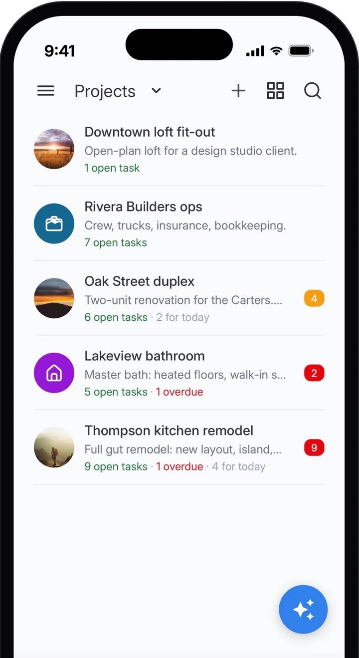 Projects list showing open, overdue, and due-today counts per project