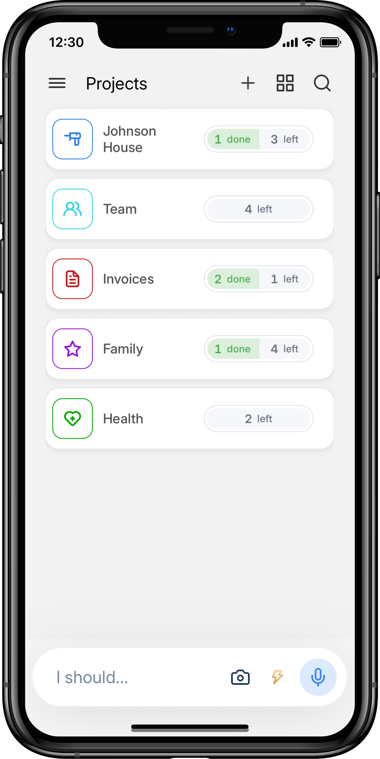 Projects screen with task cards