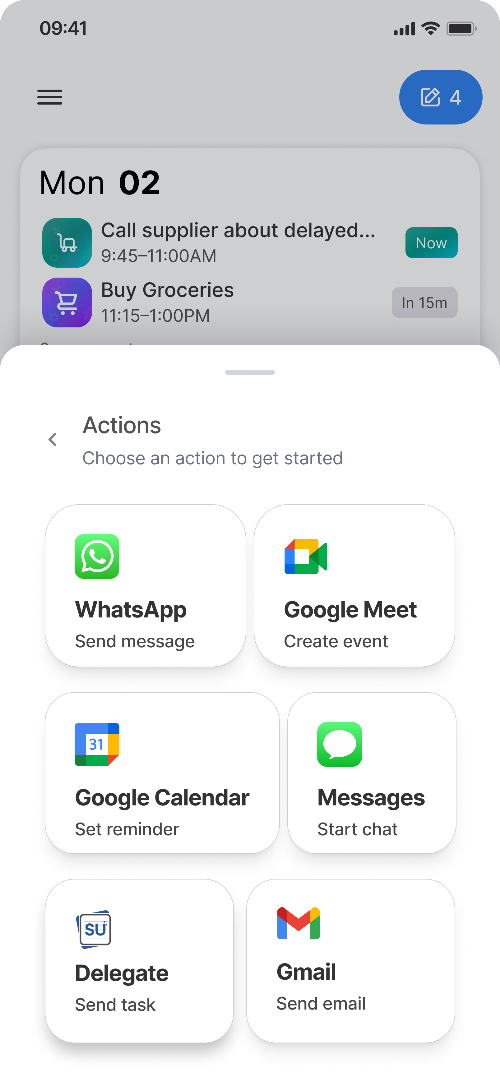 Quick actions menu