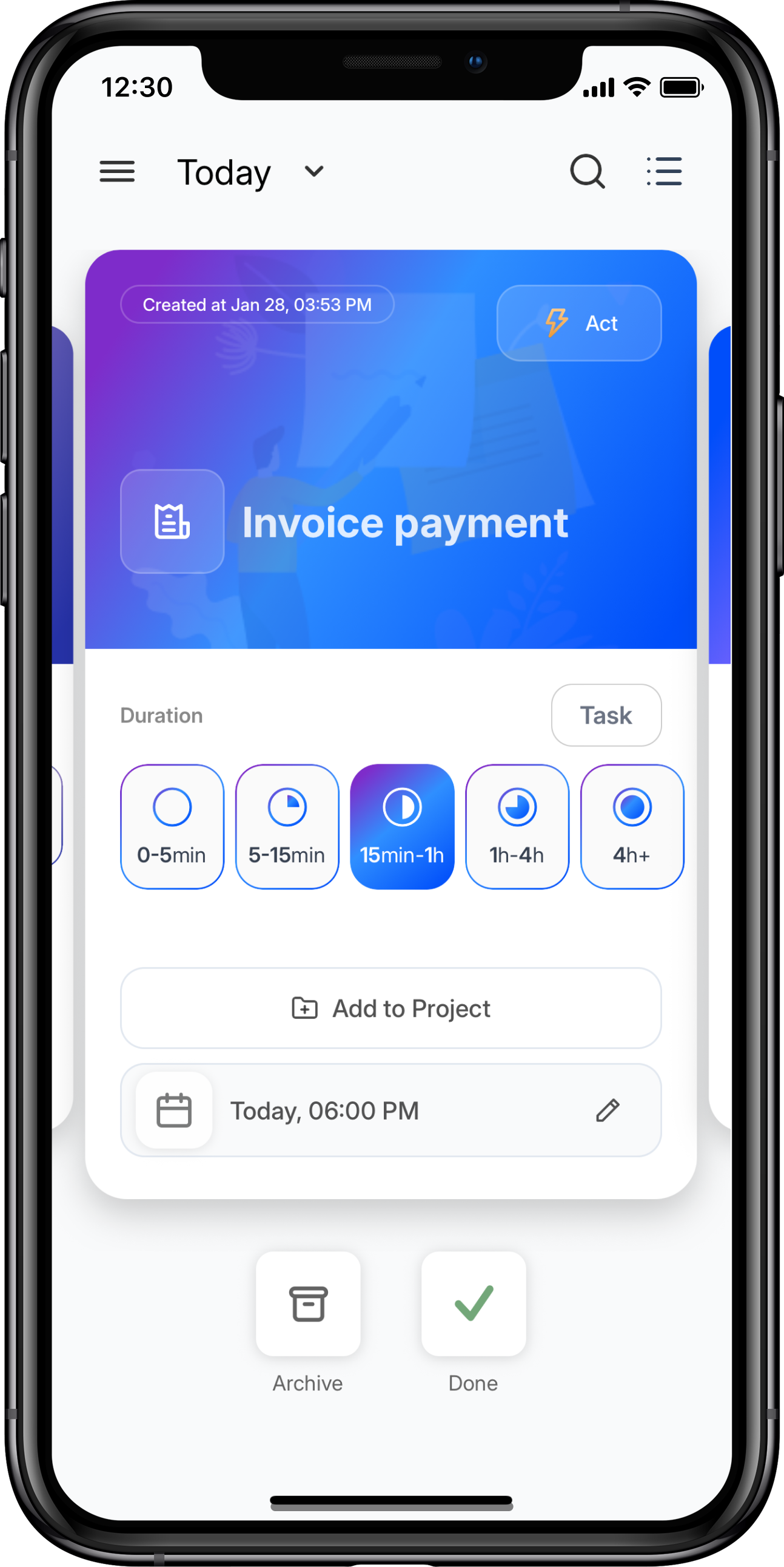 Task card showing duration selector